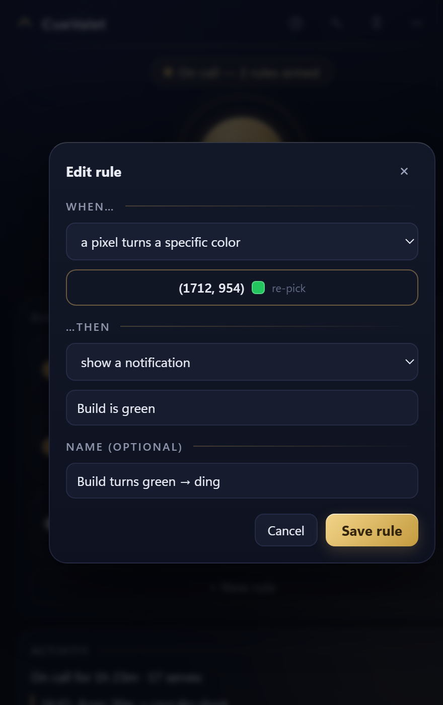 CueValet's rule editor: a when-then form with the cue and action laid out plainly